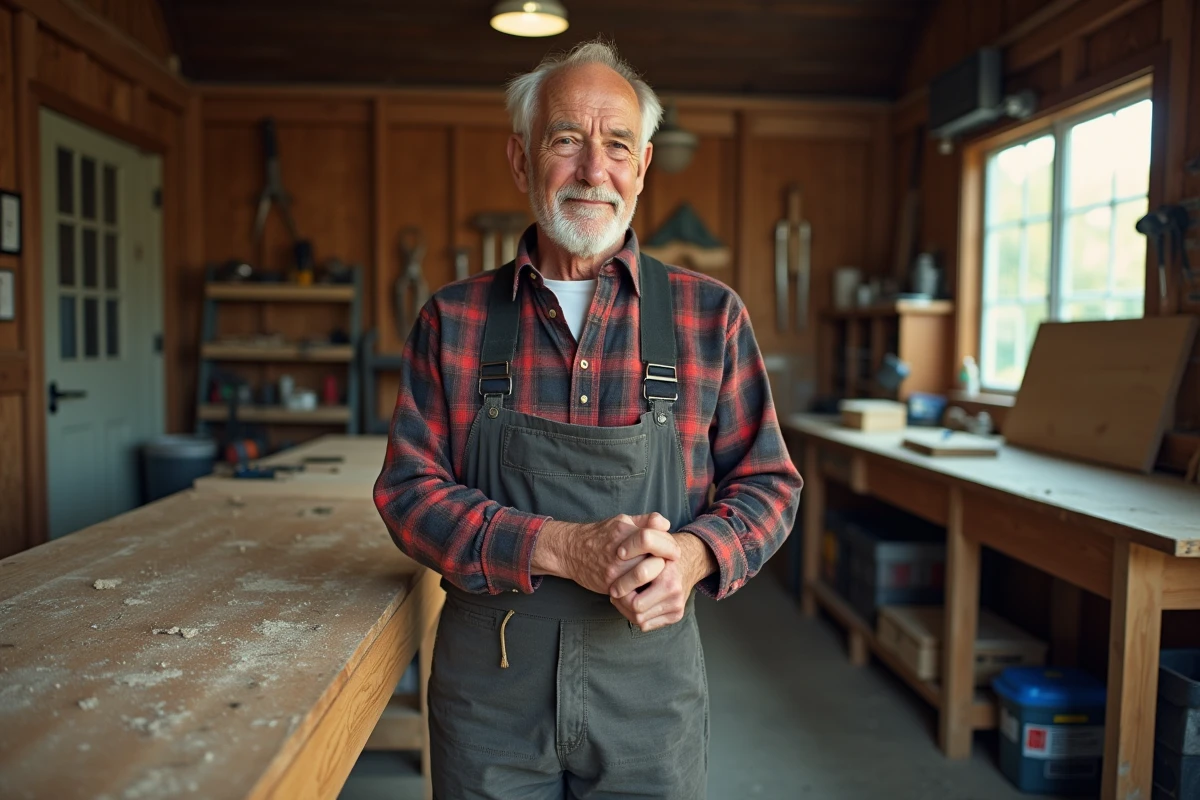 Homme âgé se blessant avec un outil dans son atelier de bricolage à domicile, illustrant les accidents domestiques liés au bricolage