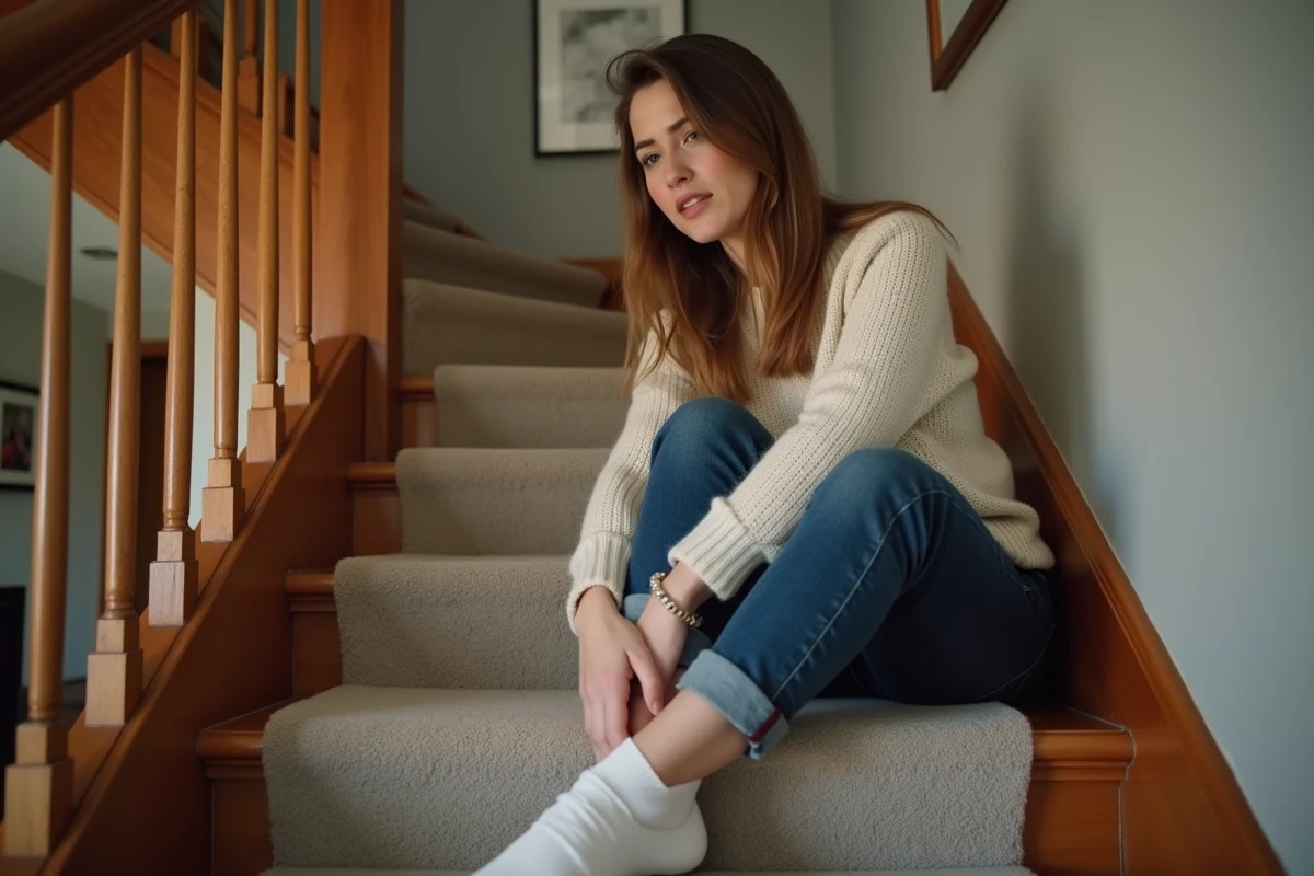 Jeune femme assise au bas d'un escalier tenant sa cheville après une chute, illustrant les accidents domestiques liés aux escaliers