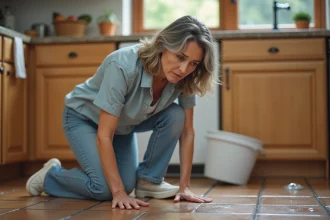 Femme examinant une flaque d'eau sur le sol de sa cuisine, illustrant le risque de chute due à un sol glissant à la maison