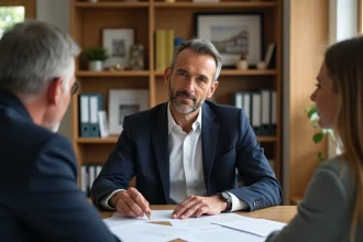 Agent d'assurance expliquant les garanties d'un contrat pour chalet habitable à un couple de propriétaires dans un bureau professionnel