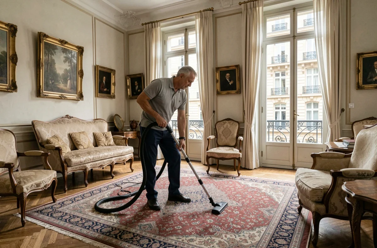 Agent d'entretien passant l'aspirateur sur un tapis persan dans un salon classique d'un appartement à Versailles