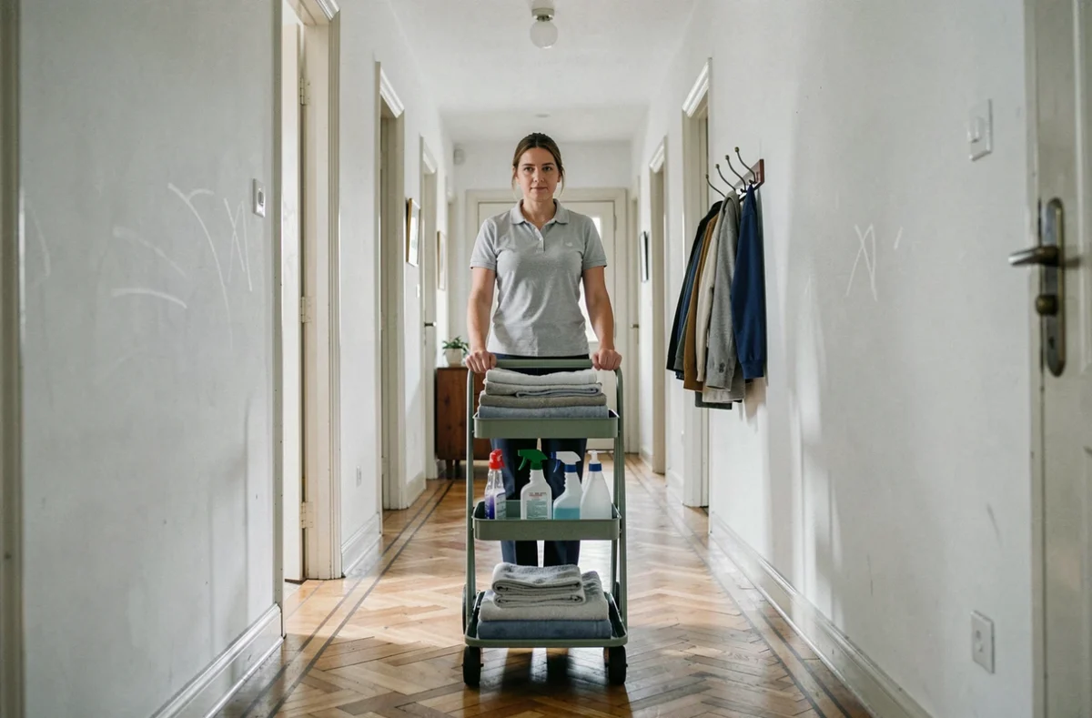 Aide ménagère poussant un chariot de nettoyage dans le couloir d'un appartement résidentiel