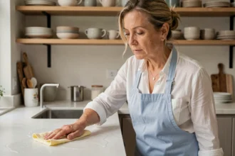 Aide ménagère nettoyant le plan de travail d'une cuisine moderne dans un appartement français