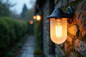 Ampoule LED à filament dans une applique murale extérieure en pierre avec effet de pluie