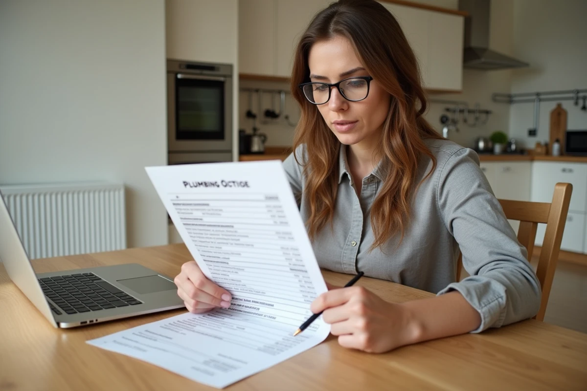 Femme analysant un devis de plomberie détaillé sur papier avec un ordinateur portable ouvert