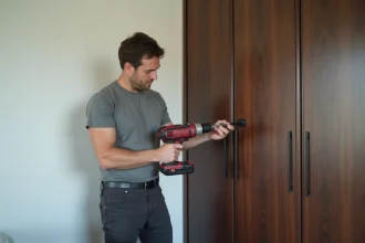 Homme en train de visser une armoire au mur avec une perceuse sans fil dans une chambre à coucher moderne