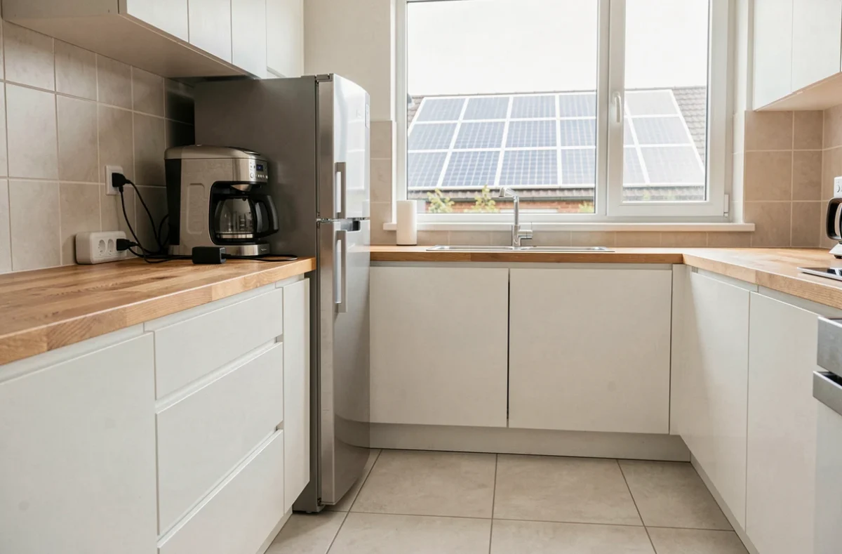 Appareils électroménagers alimentés par un panneau solaire 500W dans une cuisine moderne