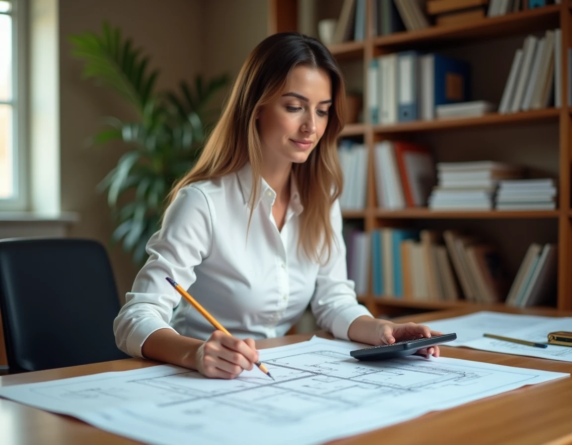 Femme architecte calculant des volumes en mètres cubes sur des plans de construction dans un bureau