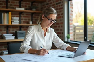 Architecte femme examinant des plans et devis pour une extension de maison sur un bureau en bois