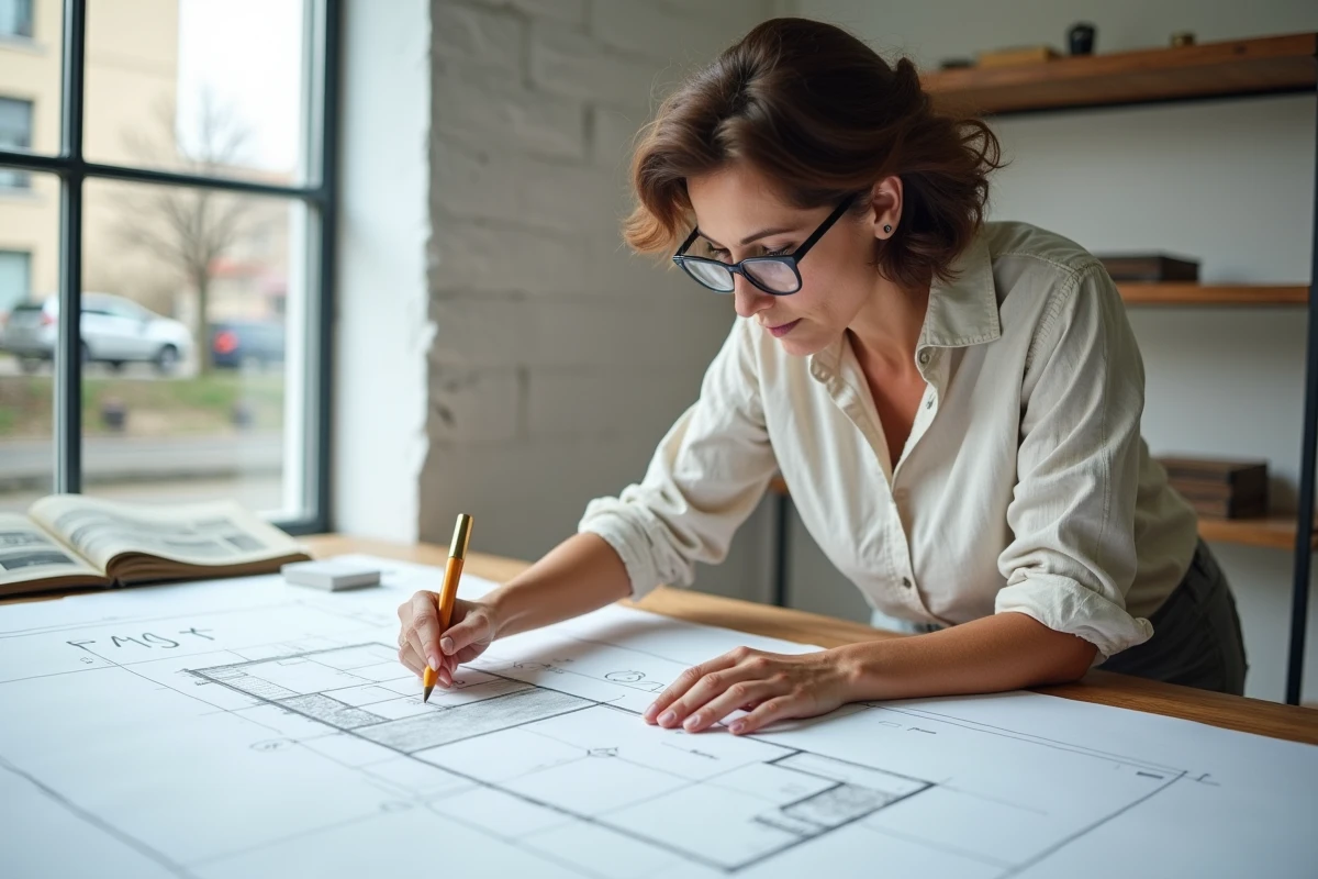 Architecte étudiant les plans d'une maison à forme optimisée pour l'efficacité énergétique et constructive