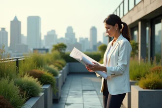Architecte femme sur un toit végétalisé avec panneaux solaires et plantes natives en milieu urbain