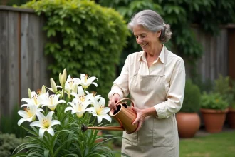 Femme arrosant des lys blancs dans un jardin avec un arrosoir en cuivre
