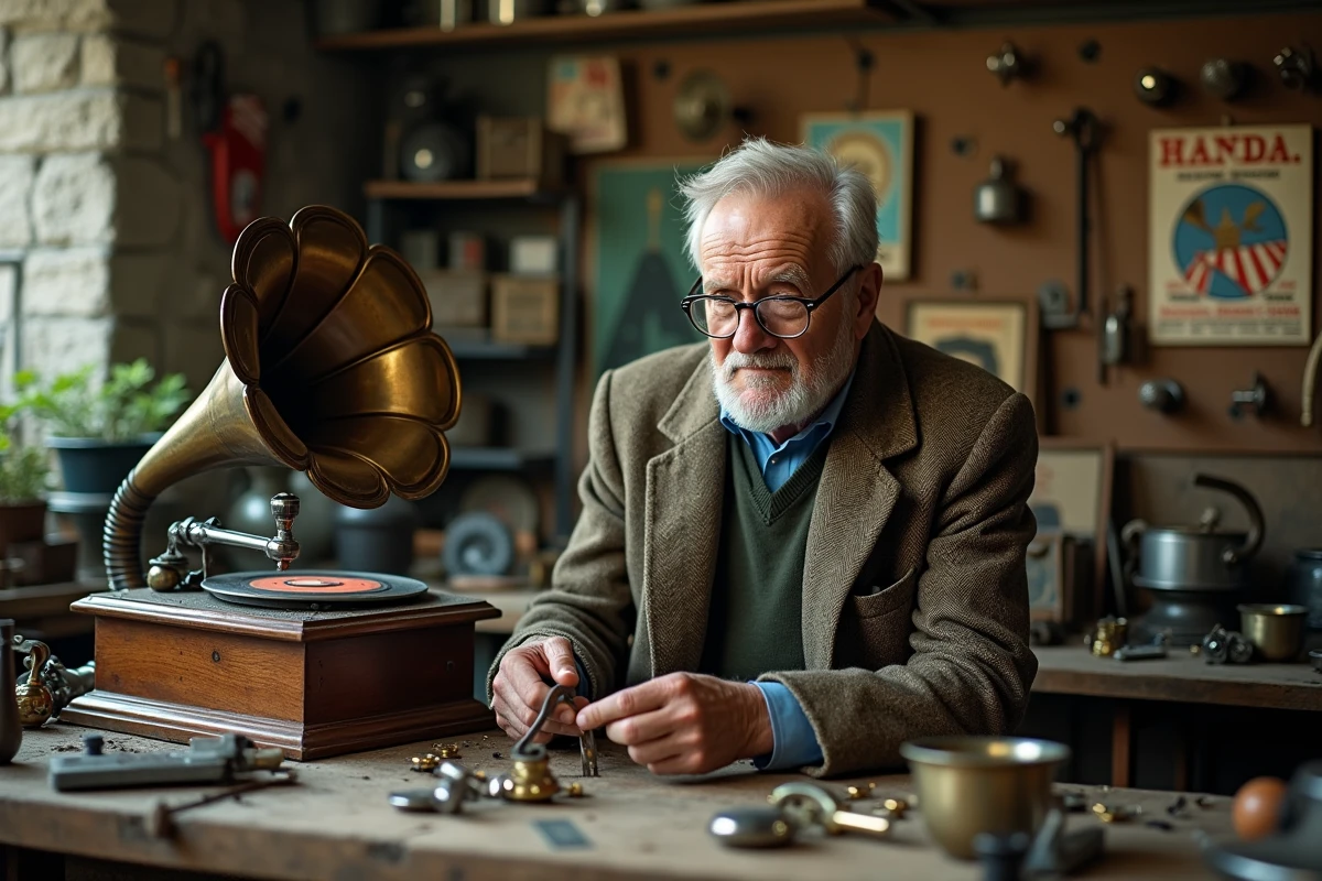 Artisan âgé restaurant méticuleusement un gramophone ancien du XIXe siècle dans un atelier authentique rempli de pièces vintage