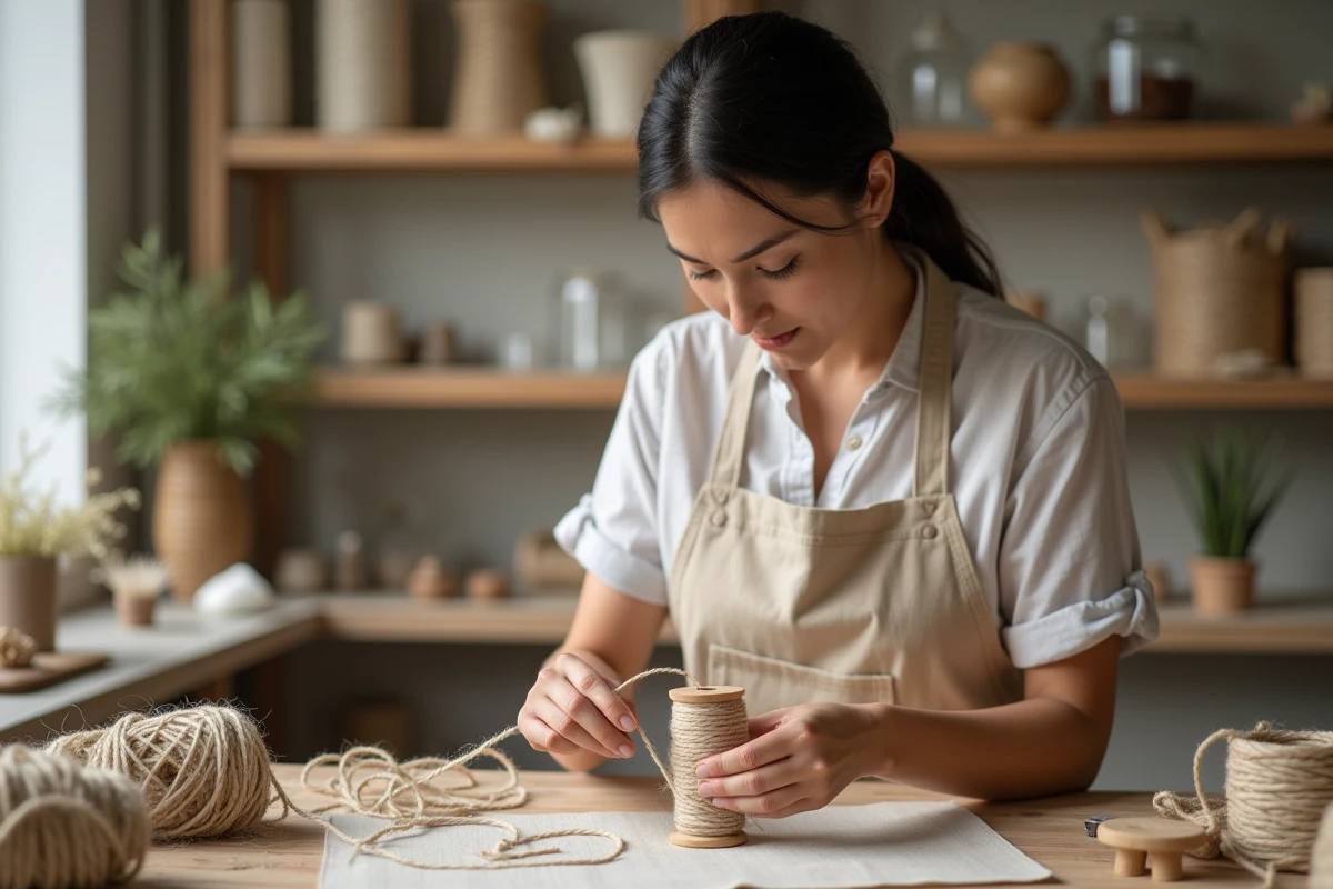 Artisane travaillant avec du fil de chanvre dans un atelier de fabrication durable, illustrant l'artisanat écologique et les matériaux naturels