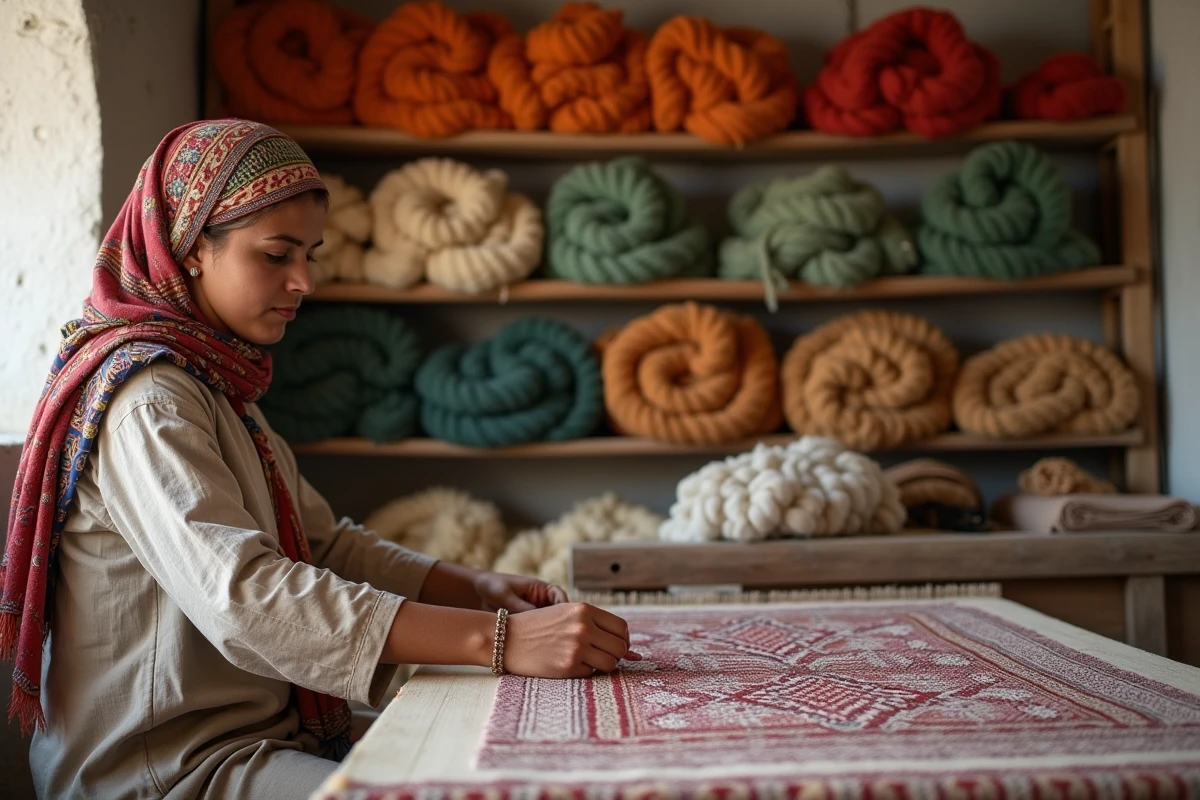 Artisane marocaine tissant un tapis berbère sur un métier à tisser traditionnel dans une coopérative de l'Atlas