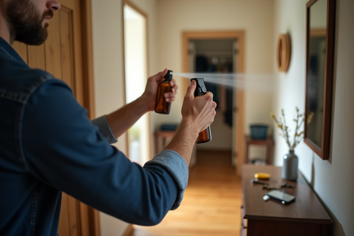 Homme vaporisant une solution nettoyante sur un miroir de couloir pour un résultat sans traces