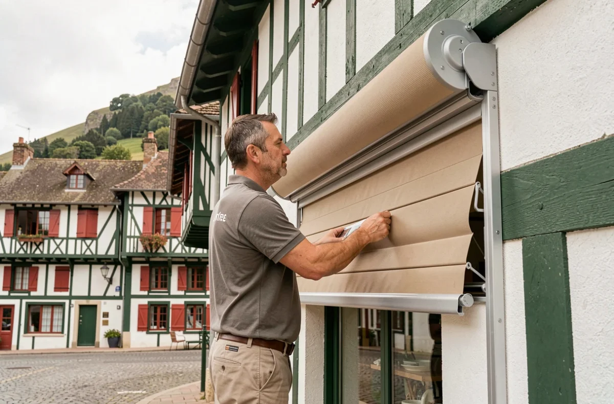 Spécialiste des Ateliers du Store Storadour posant un store banne et volet roulant sur un commerce basque