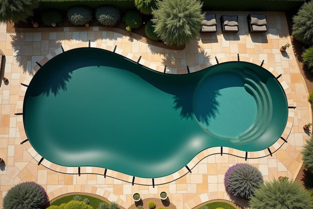 Bâche de sécurité tendue sur une piscine de forme irrégulière vue d'en haut dans un jardin méditerranéen