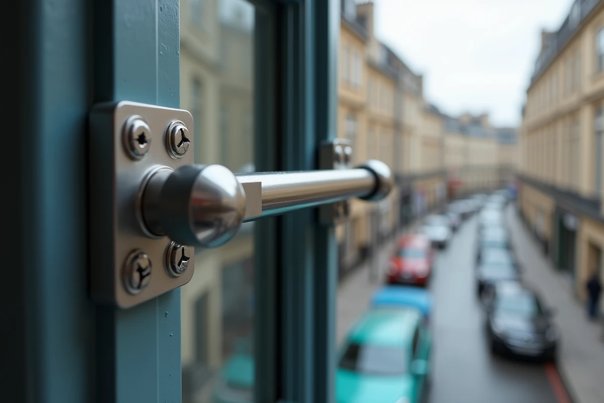 Détail d'un système de barre de sécurité en acier inoxydable installé sur une fenêtre de rue en double vitrage