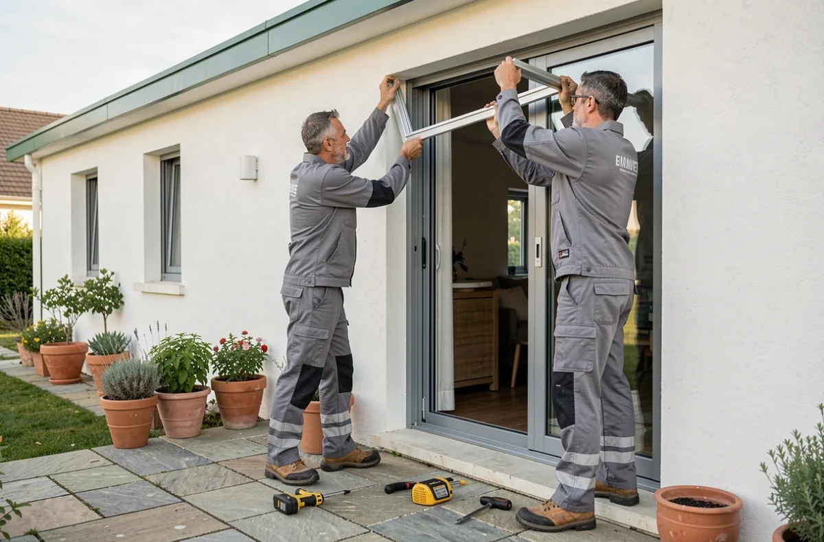 Équipe de Basca posant une grande baie vitrée coulissante en aluminium sur une maison moderne au Pays Basque