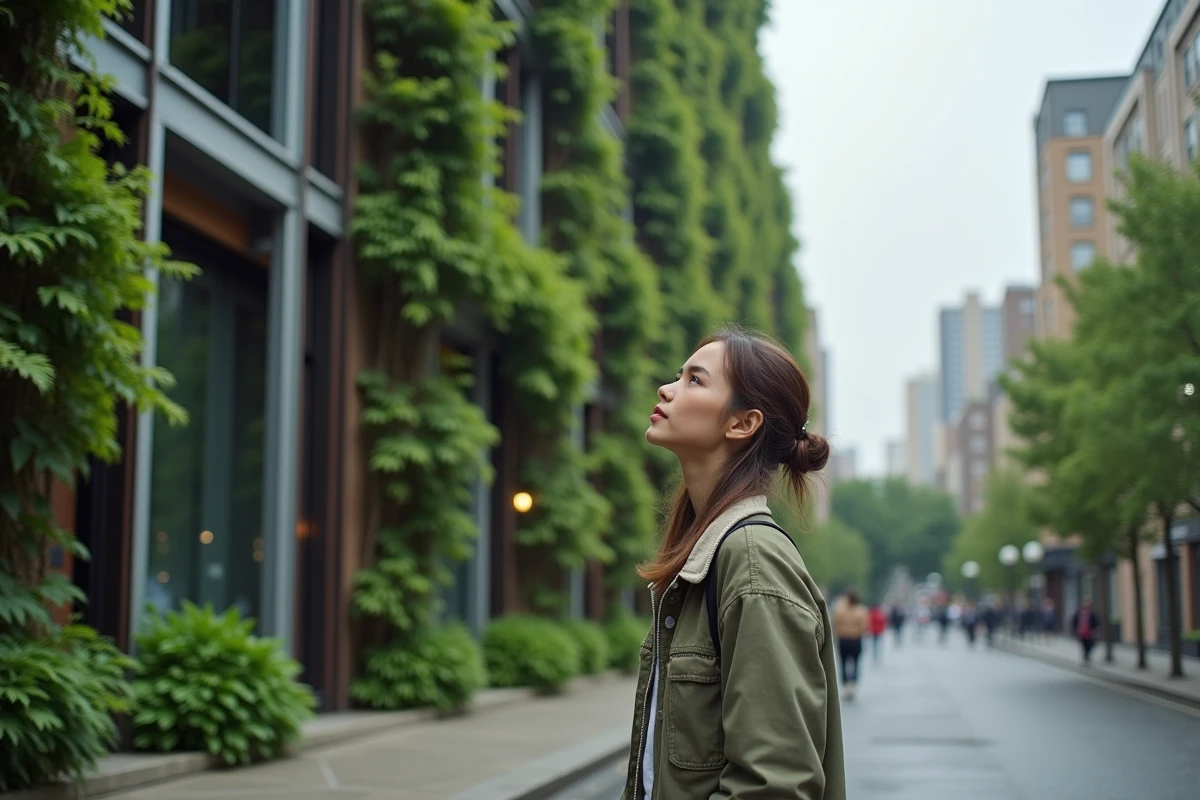 Femme admirant un bâtiment à structure d'acier intégrant une façade végétalisée durable en milieu urbain