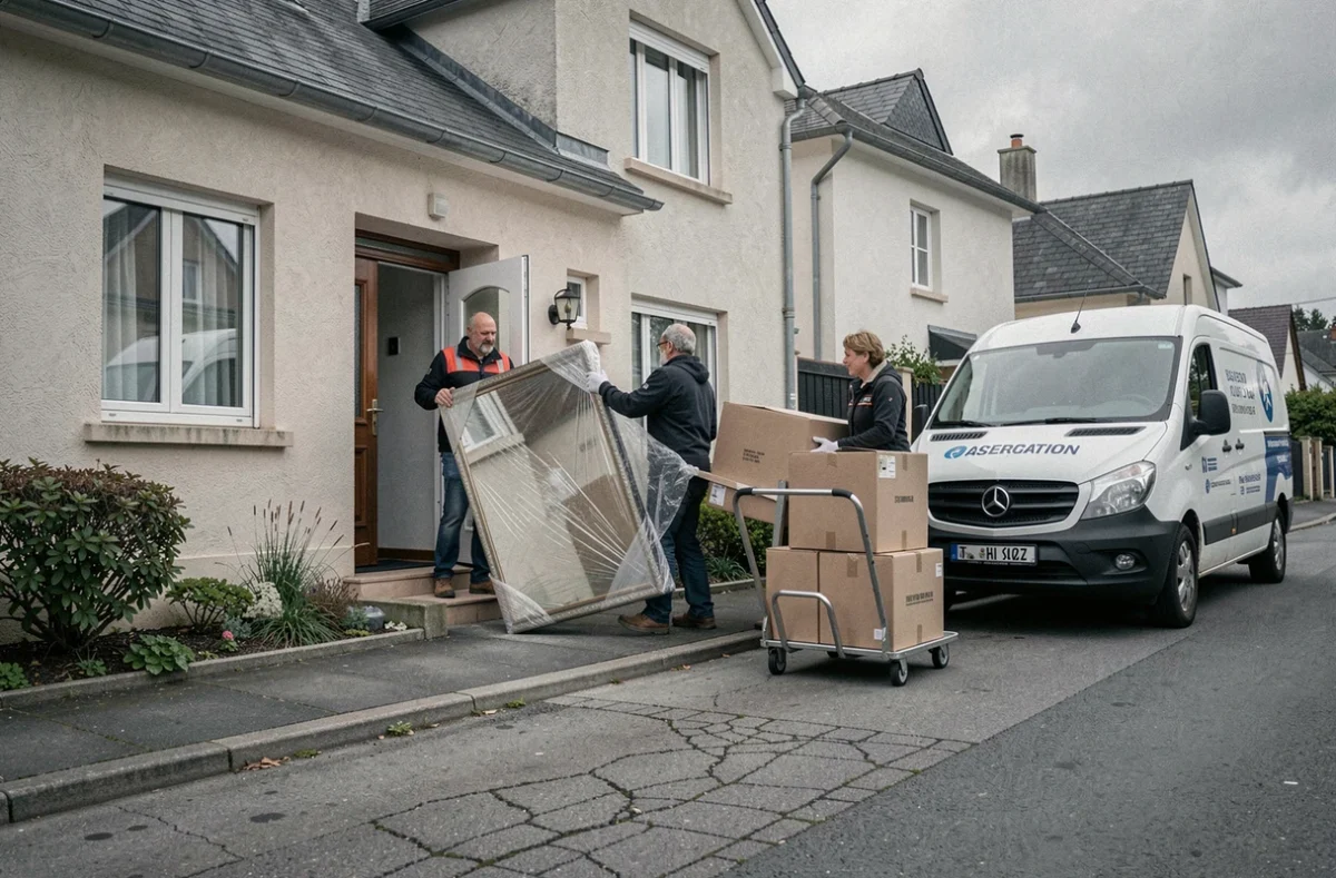 Des bénévoles chargent des meubles et cartons dans un camion lors d'une intervention de débarras de maison