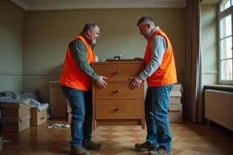 Bénévoles Emmaüs transportant une commode hors d'une maison lors d'un déménagement solidaire