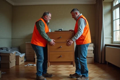 Bénévoles Emmaüs transportant une commode hors d'une maison lors d'un déménagement solidaire