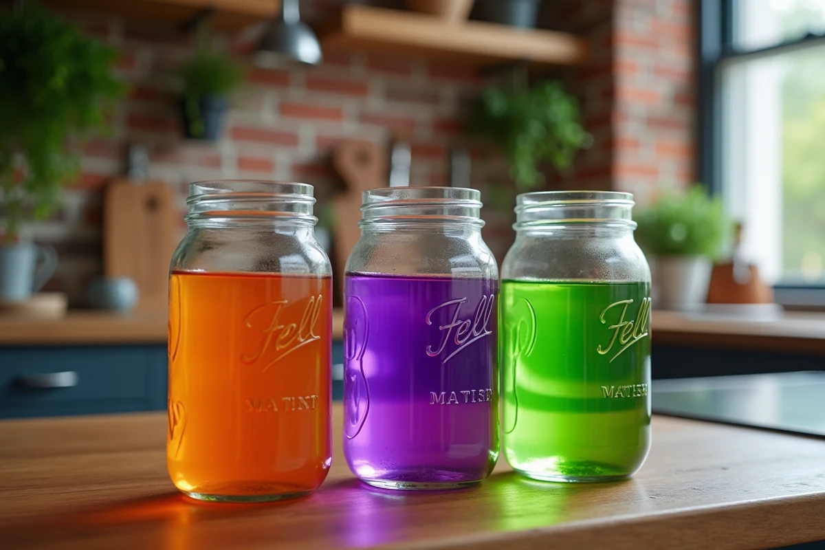 Trois bocaux en verre remplis d'eau colorée illustrant les couleurs secondaires orange, violet et vert