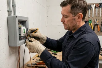 Électricien connectant les fils d'un bouton poussoir Legrand sur un tableau électrique résidentiel