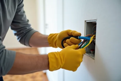 Électricien connectant trois fils électriques colorés dans une prise murale avec des gants isolants