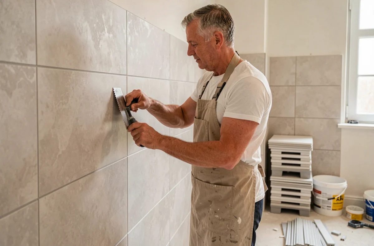 Carreleur posant des carreaux grand format sur le mur d'une salle de bain en rénovation