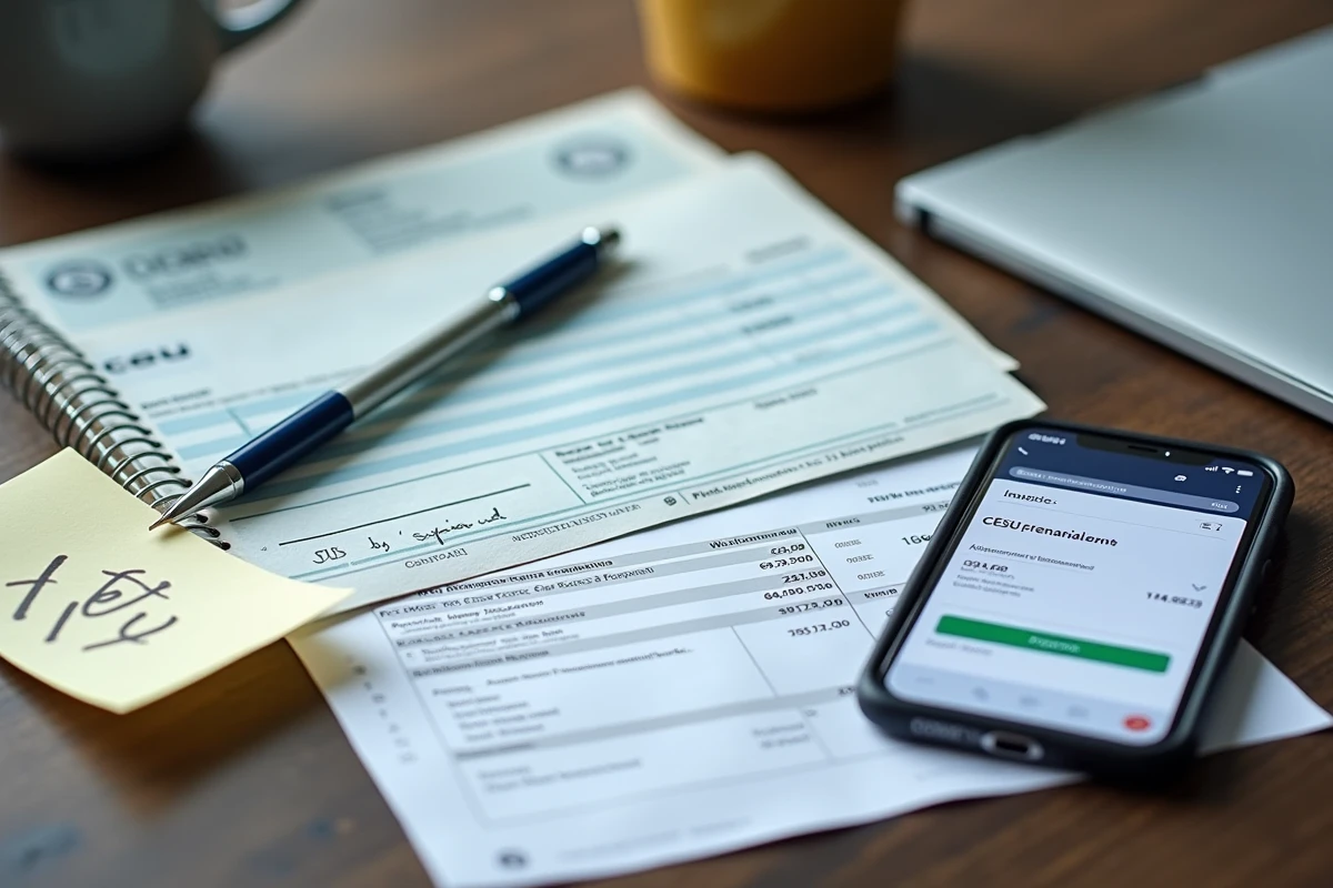 Vue de dessus d'un bureau avec un carnet CESU, une facture de paysagiste et un smartphone pour effectuer le paiement