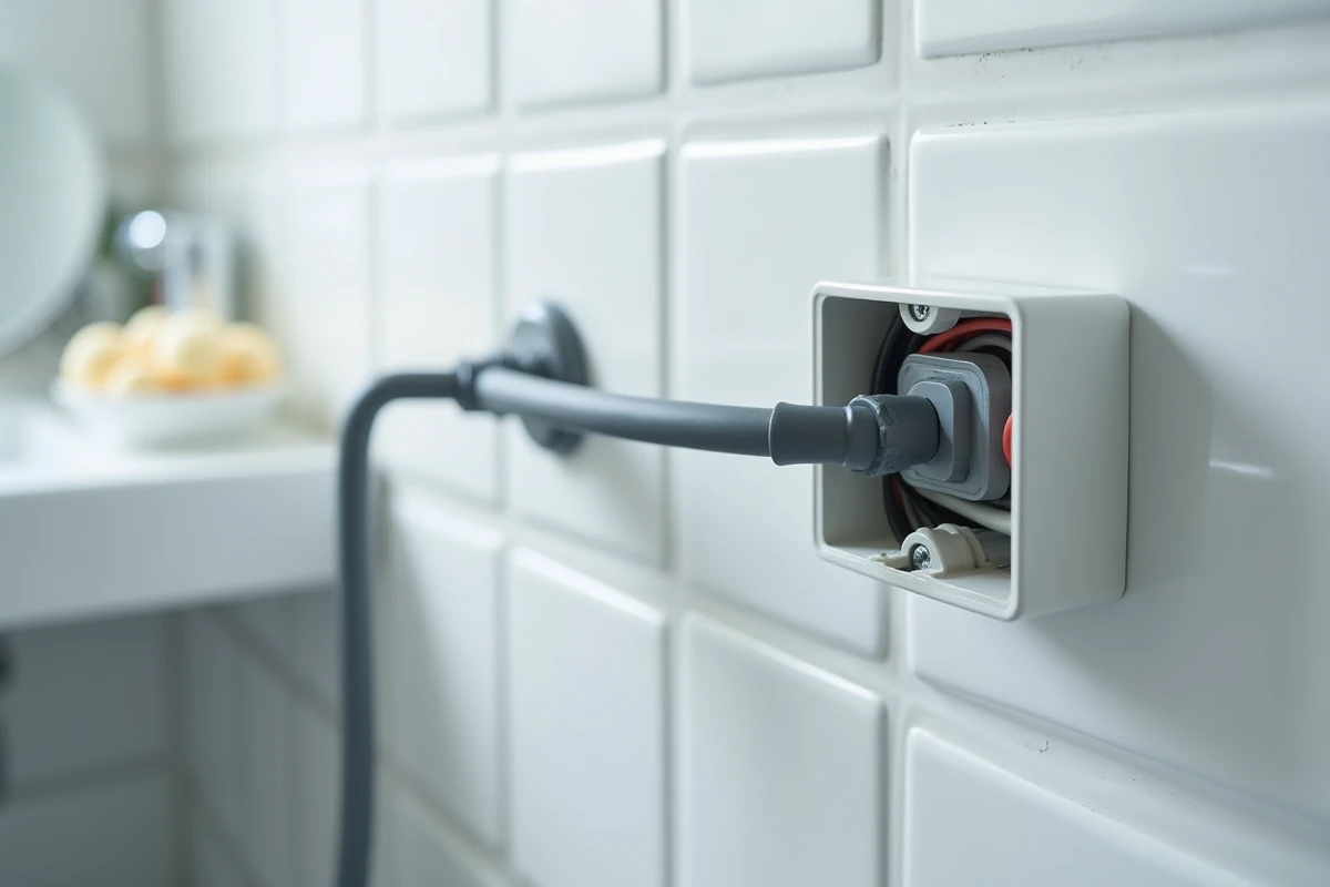 Câble HO7RNF relié à un radiateur électrique avec boîte de jonction murale dans une salle de bains