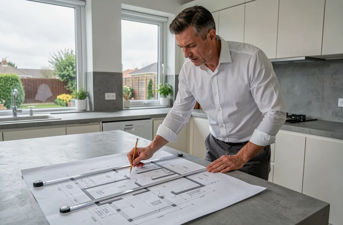 Architecte calculant la superficie d'une maison sur des plans au sol dans une cuisine moderne