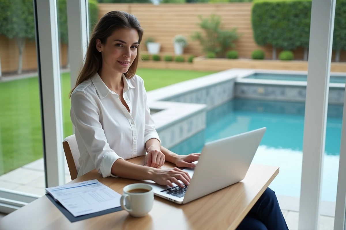 Femme calculant les taxes liées à l'installation d'une piscine sur son ordinateur portable depuis sa cuisine moderne