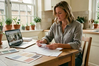 Femme calculant son budget peinture à la maison avec des échantillons de couleurs et des notes manuscrites sur une table en bois