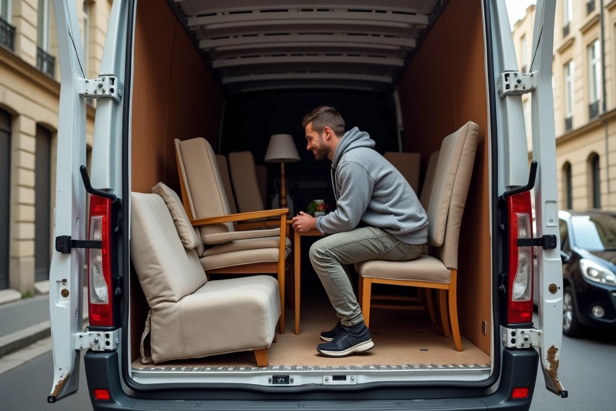Intérieur d'un camion Emmaüs chargé de meubles et d'objets récupérés lors d'une collecte à domicile