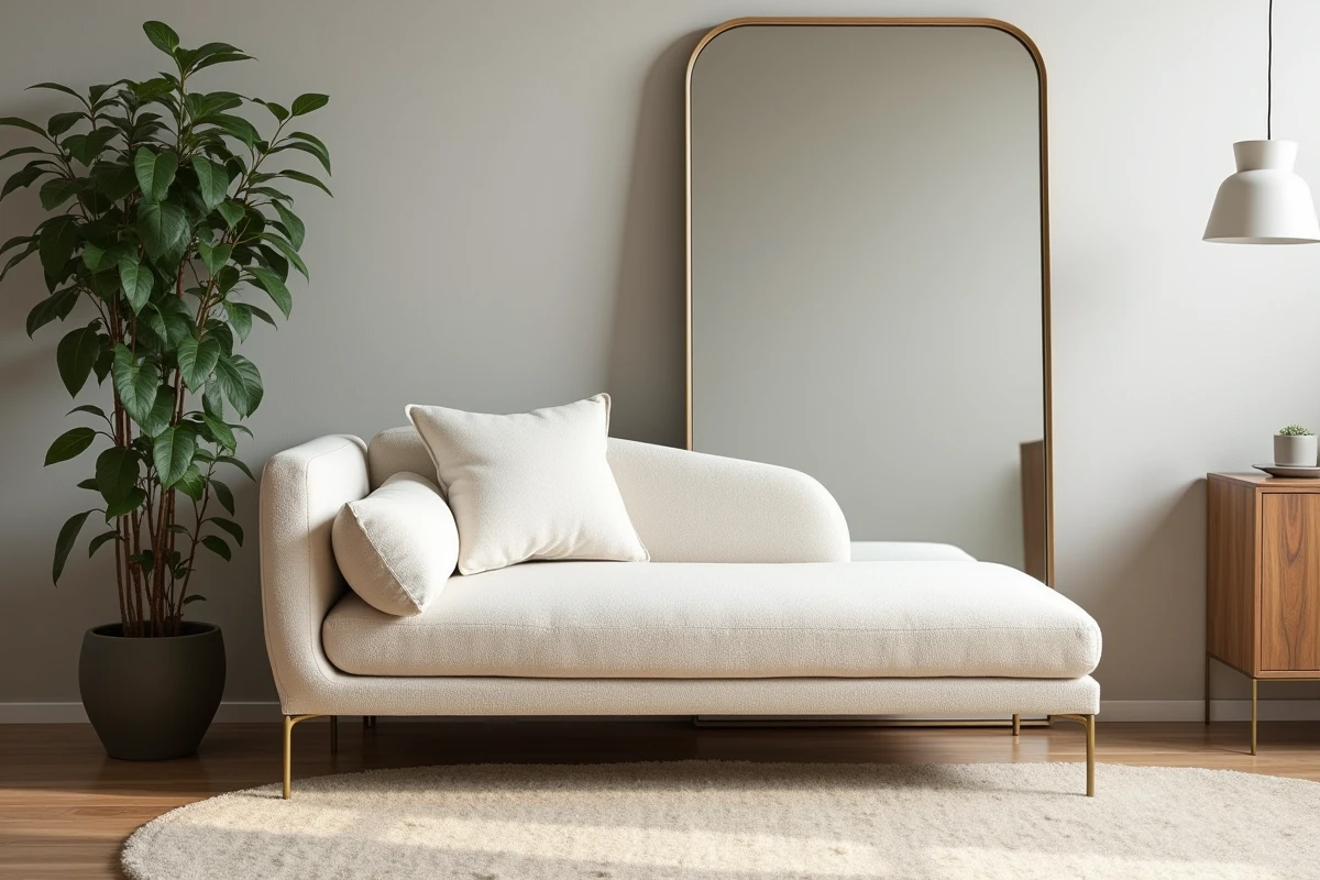 Canapé chaise longue en bouclé crème avec pieds en laiton et miroir pour agrandir un salon cosy