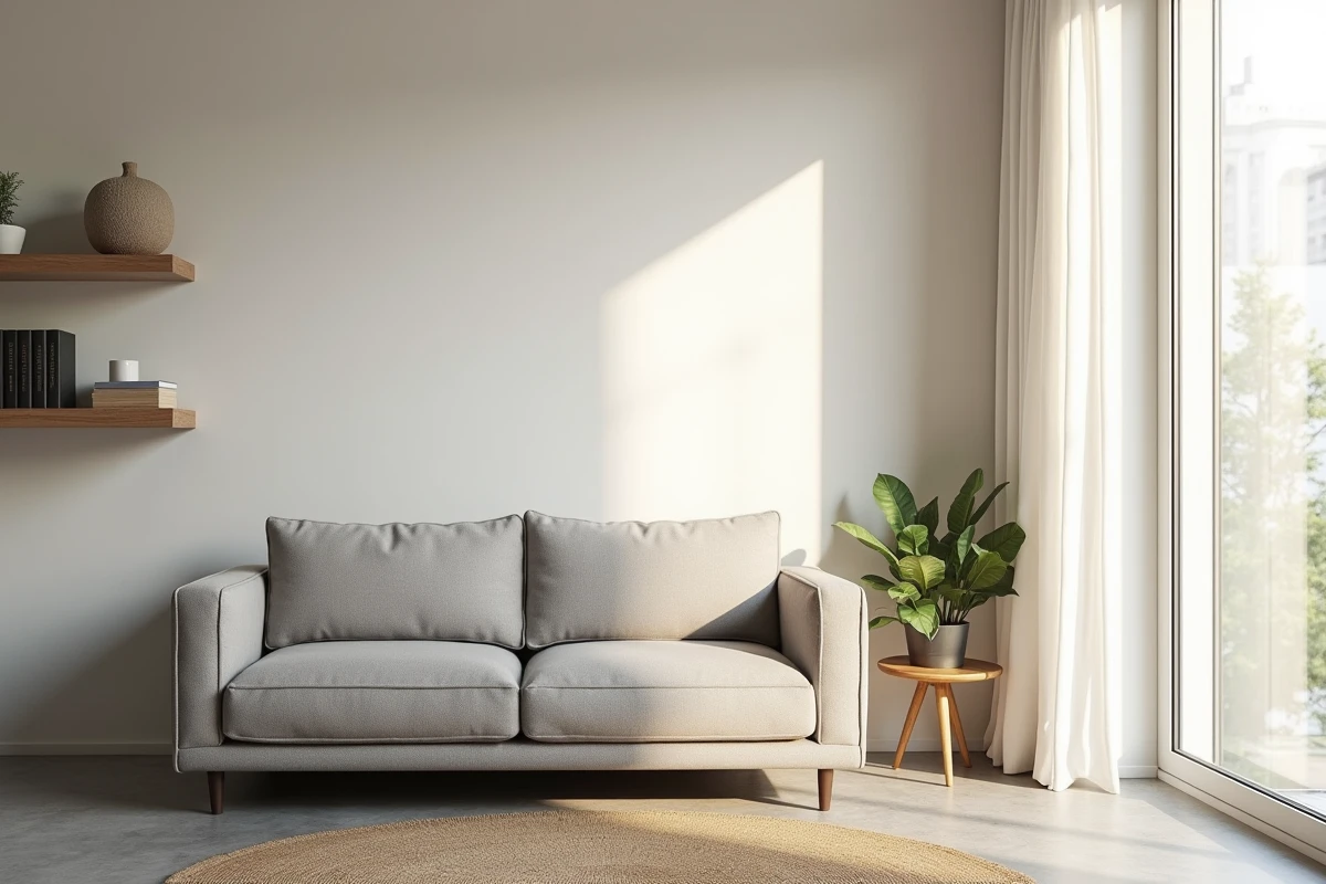 Canapé modulable compact gris dans un appartement urbain avec fenêtre panoramique pour maximiser l'espace