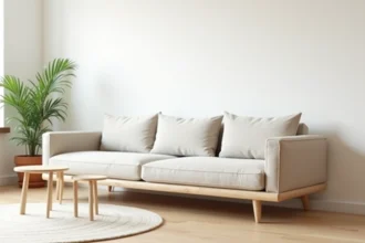 Canapé bas à pieds en bois dans un salon minimaliste scandinave pour agrandir visuellement l'espace