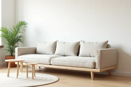 Canapé bas à pieds en bois dans un salon minimaliste scandinave pour agrandir visuellement l'espace