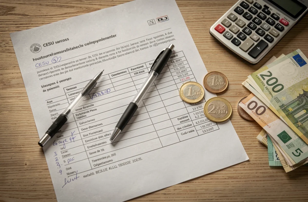 Documents CESU et calcul de salaire d'une femme de ménage sur une table