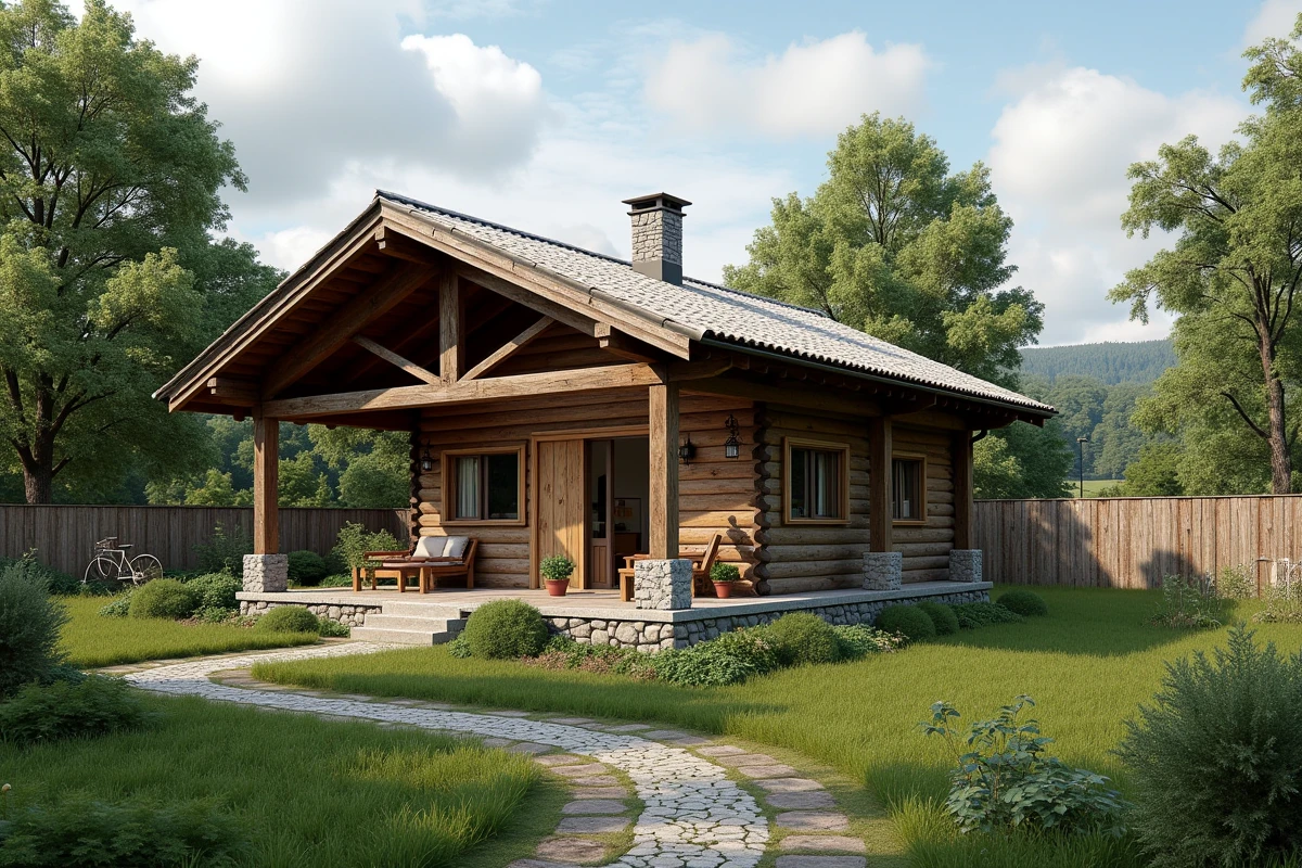 Chalet en bois habité sur un terrain privé avec jardin potager et clôture en bois