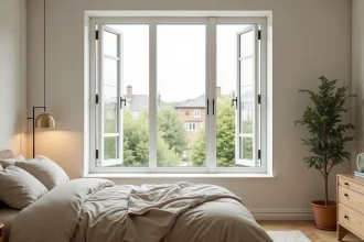Chambre moderne avec fenêtre à battants en PVC blanc ouvrant sur un jardin verdoyant