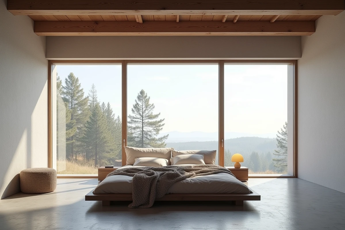 Chambre de style scandinave avec grande fenêtre fixe panoramique et vue sur des pins