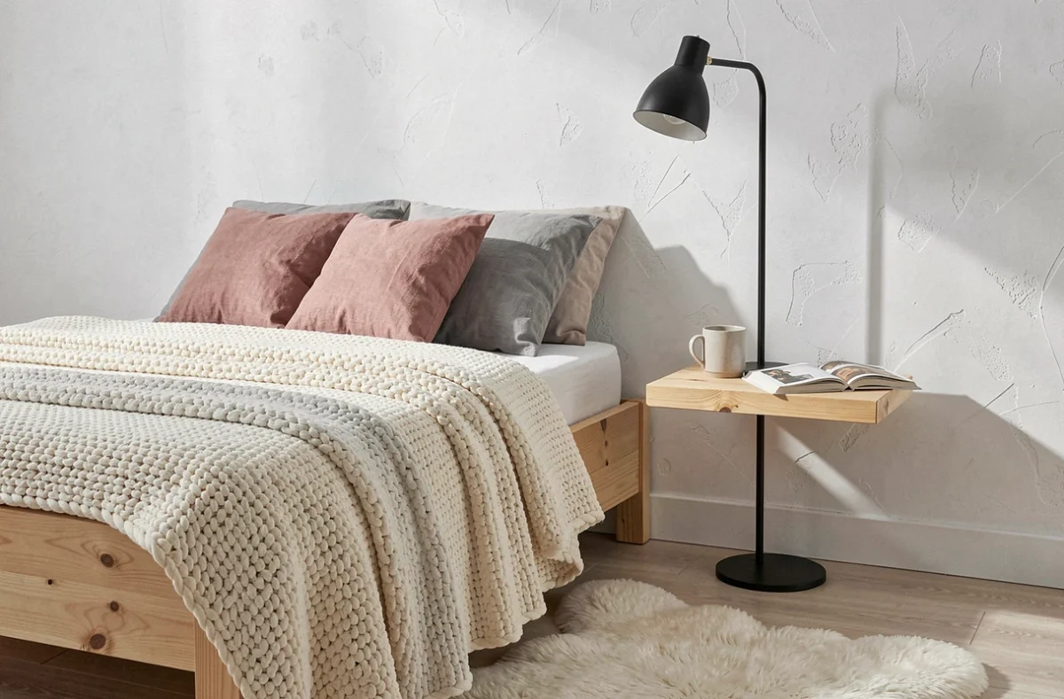 Chambre scandinave cosy avec lit en pin naturel, plaid en tricot ivoire, coussin en lin et lampe sur pied noire, décoration Sklum petit budget