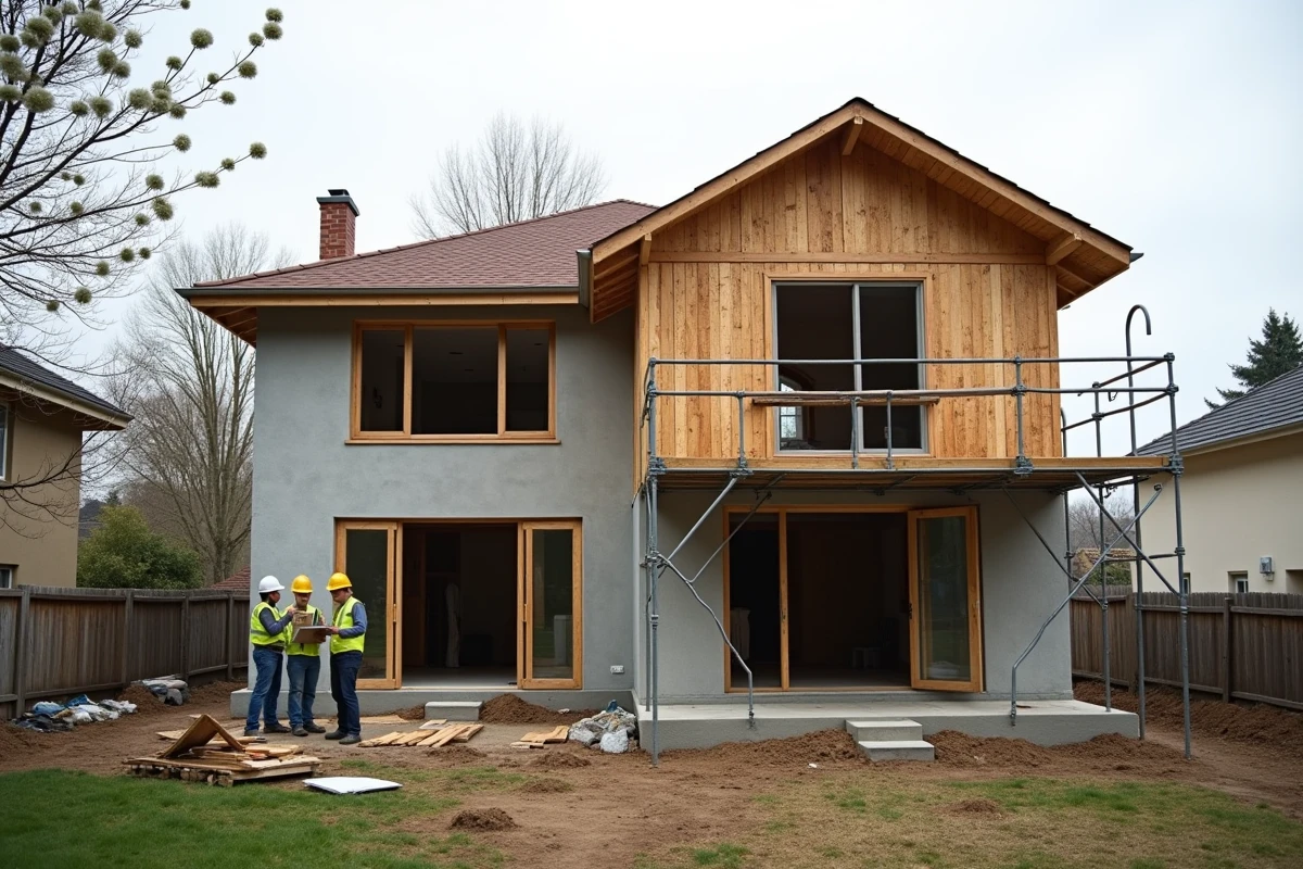 Chantier d'extension de maison avec ossature bois et échafaudage dans un quartier résidentiel