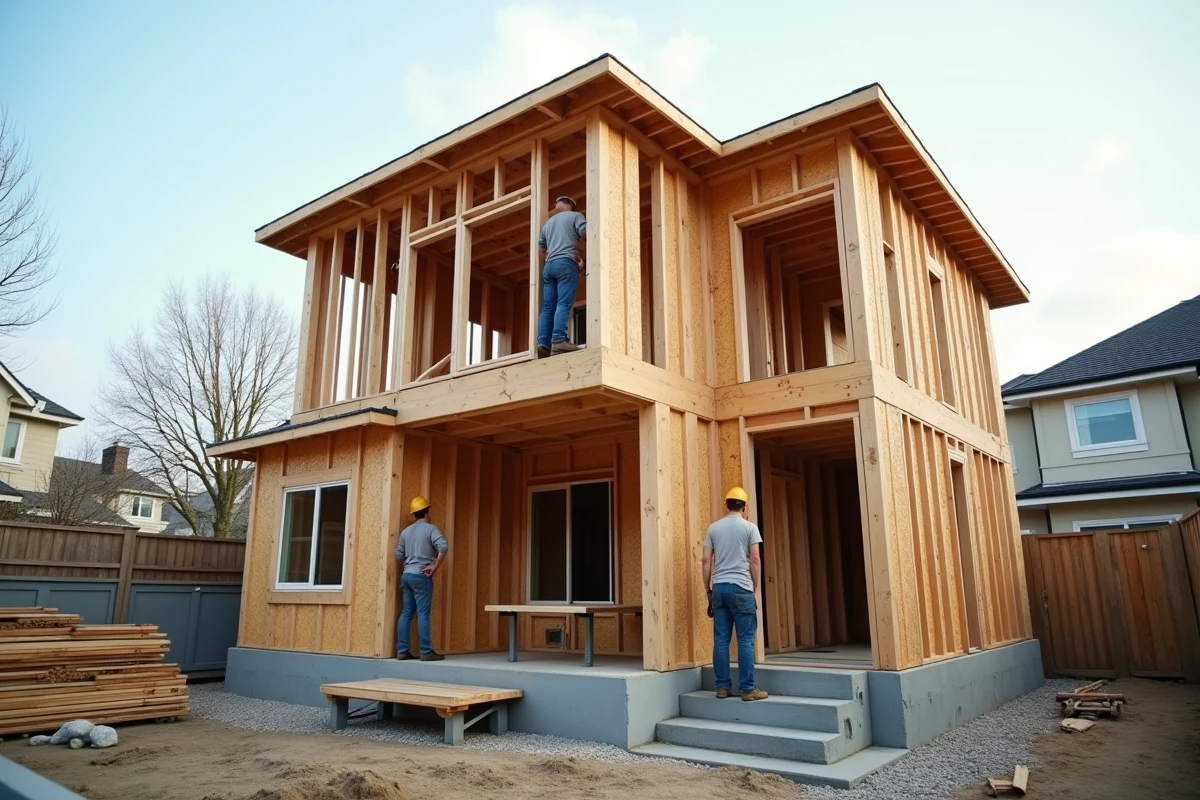 Construction d'une maison compacte à ossature bois avec isolation, ouvriers sur chantier résidentiel