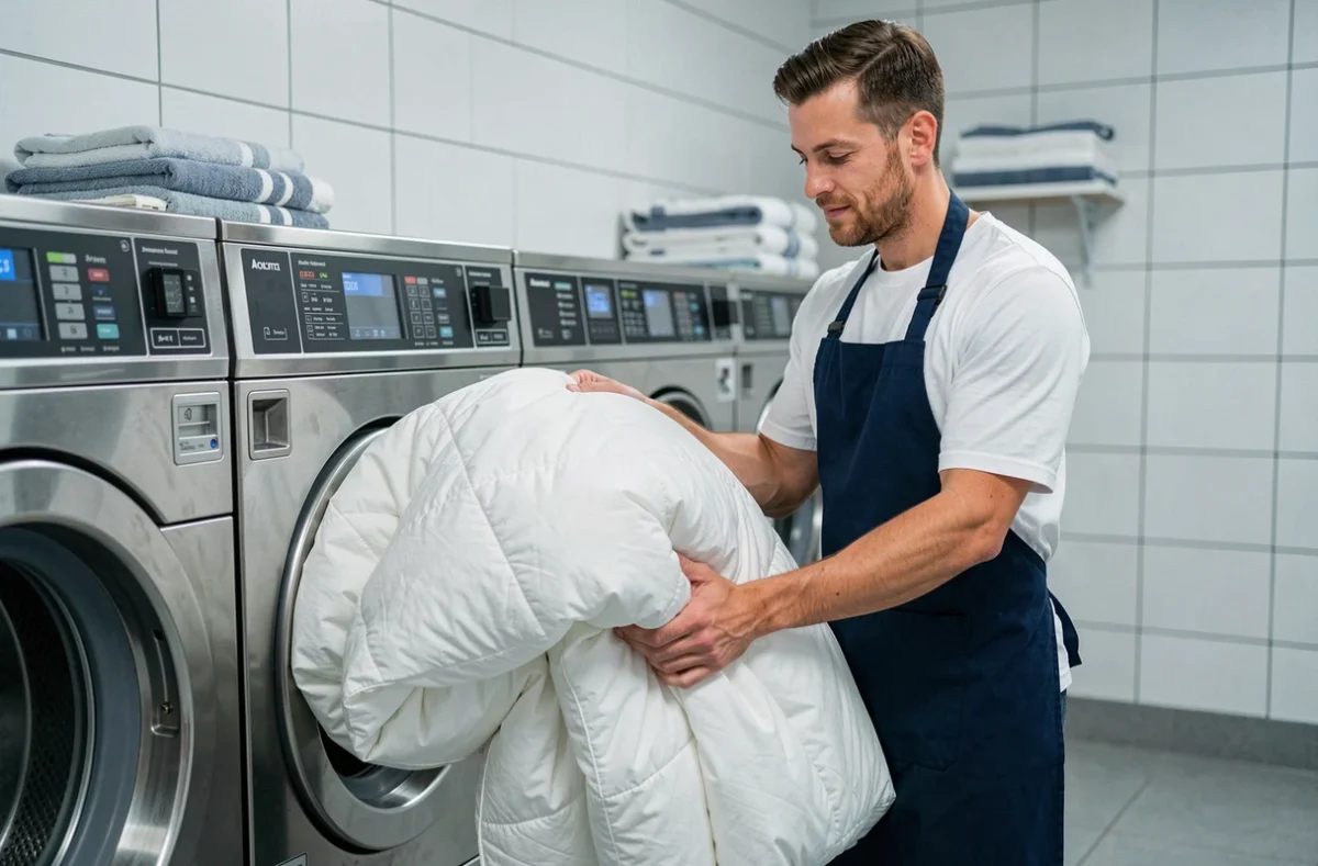 Homme chargeant une couette blanche dans un lave-linge en libre-service dans une laverie moderne